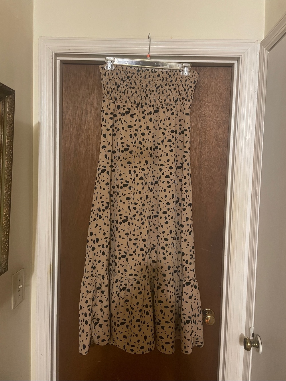 SHEIN Beige Smocked Waist Maxi Skirt with Black Spot Print